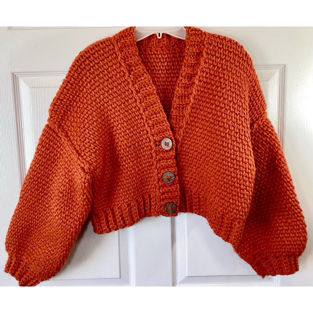 Hand Knit Chunky Orange Cropped Balloon Sleeve Sweater M/L
